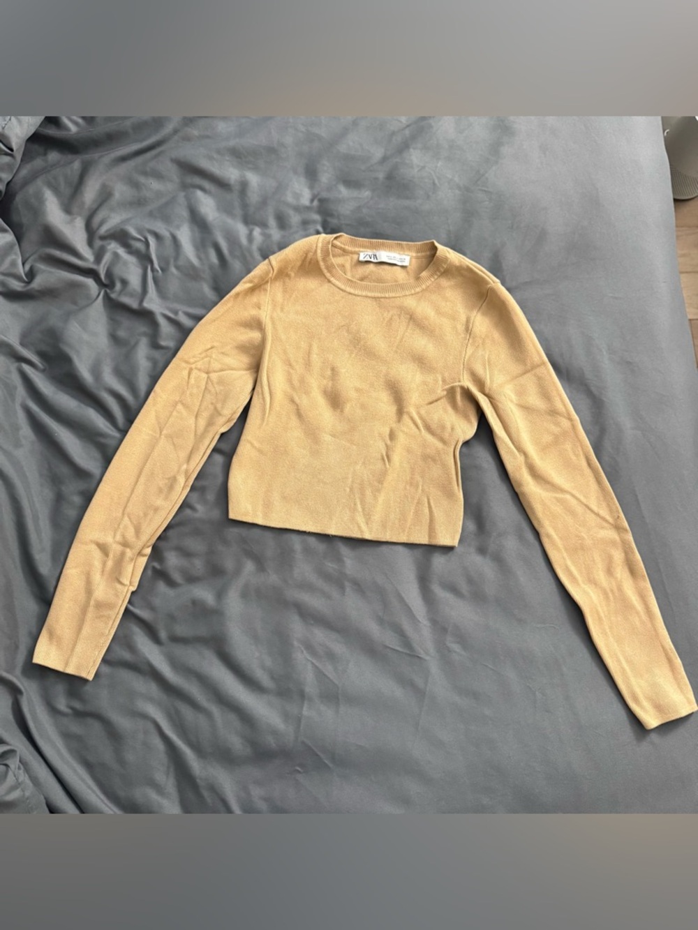Zara Cropped Long-Sleeve Knit Top in Tan